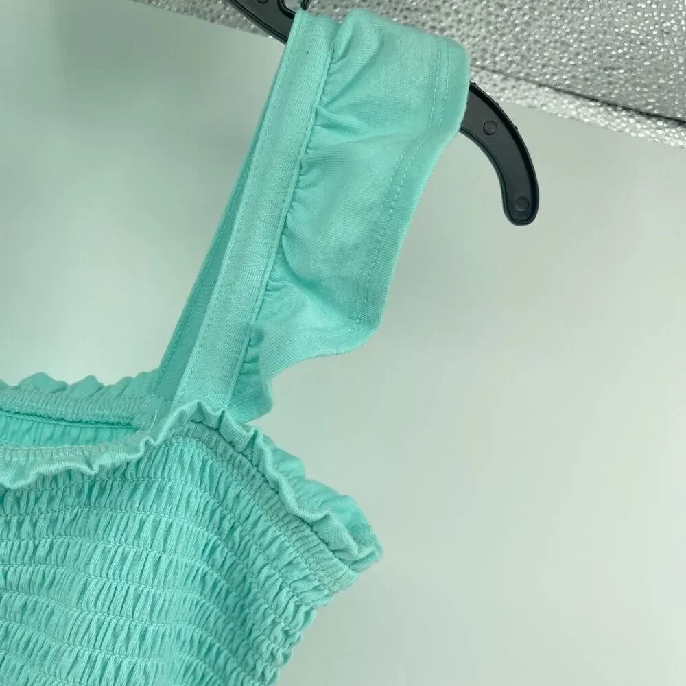 Wonder Nation Girls Aqua Reef Green Smocked Bodice Dress Size 6-6X Cotton Blend